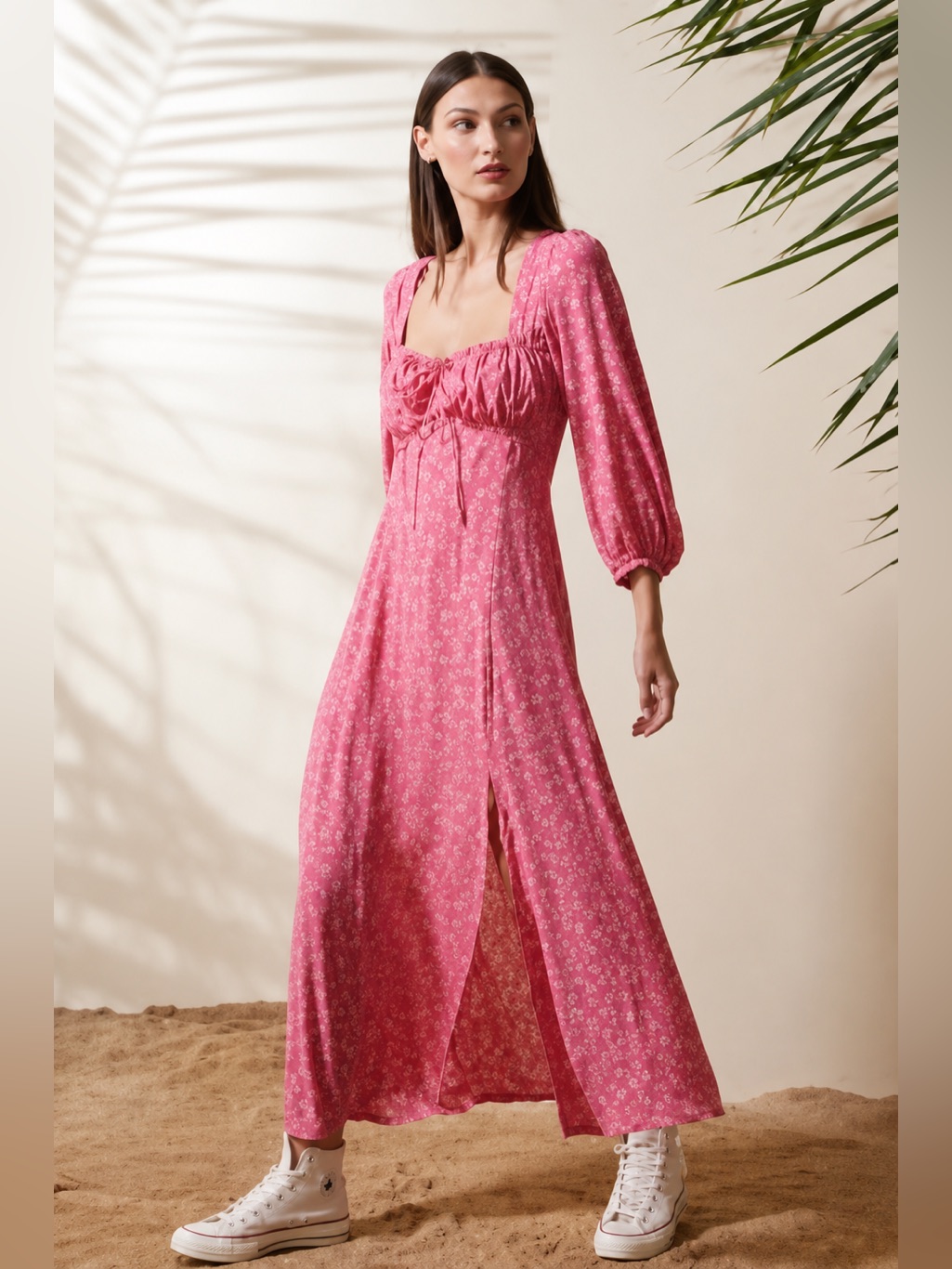 Rue Stiic Maci Split Cottagecore Midi Dress Garden Daisy Floral Pink Xxs Nwt — image 2 of 6